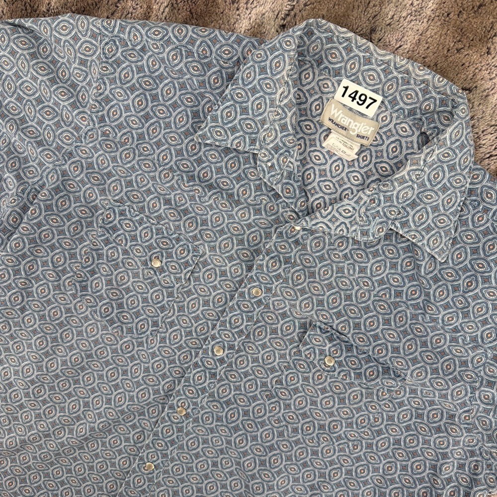 Wrangler Wrancher Pearl Snap Shirt Mens XLT Blue Patterned Western Rancher